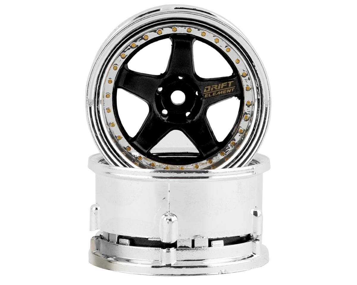 DS Racing Drift Element 5 Spoke Drift Wheels (Black & Chrome w/Gold Rivets) (2) (Adjustable Offset) w/12mm Hex