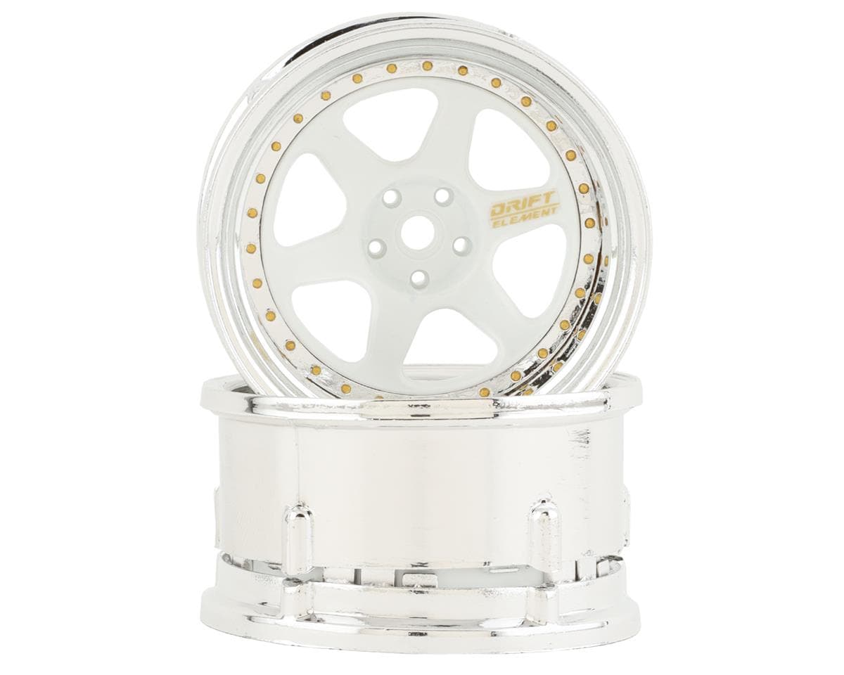DS Racing Drift Element 6 Spoke Drift Wheels (White & Chrome w/Gold Rivets) (2) (Adjustable Offset) w/12mm Hex