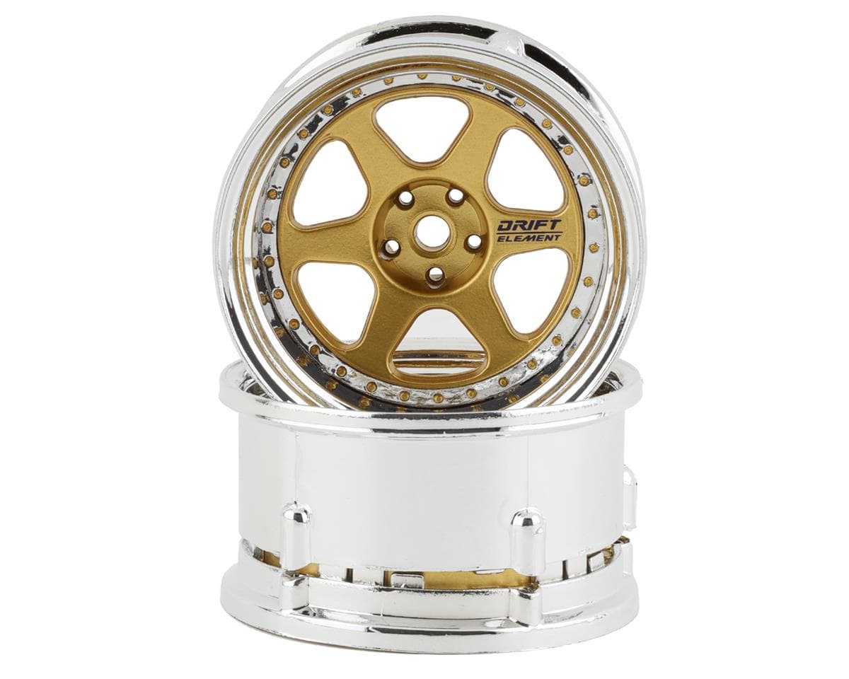 DS Racing Drift Element 6 Spoke Drift Wheels (Gold & Chrome w/Gold Rivets) (2)