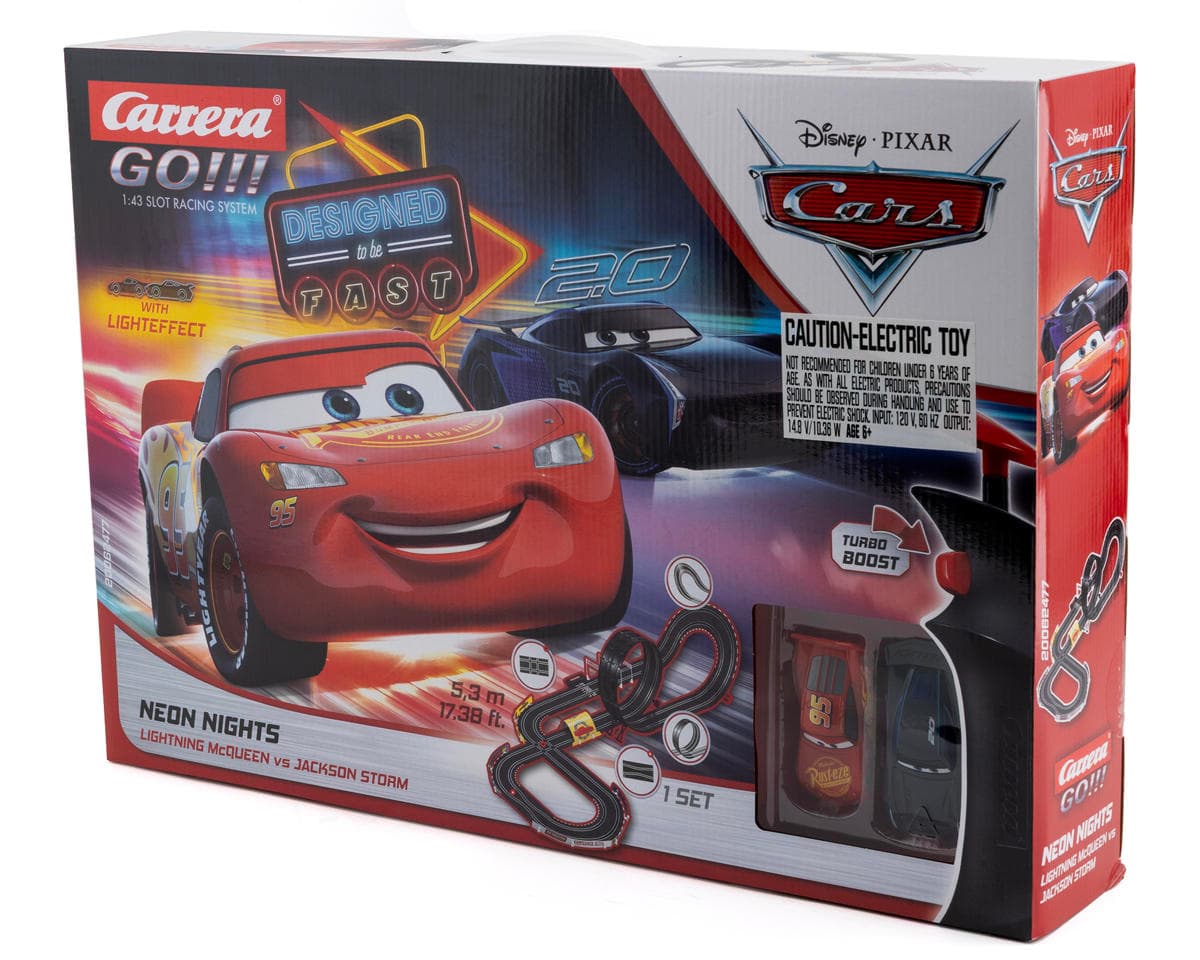 Carrera GO!!! Disney Pixar Cars Neon Nights 1/43 Slot Car Racing Track Set w/Lightning McQueen & Jackson Storm Cars