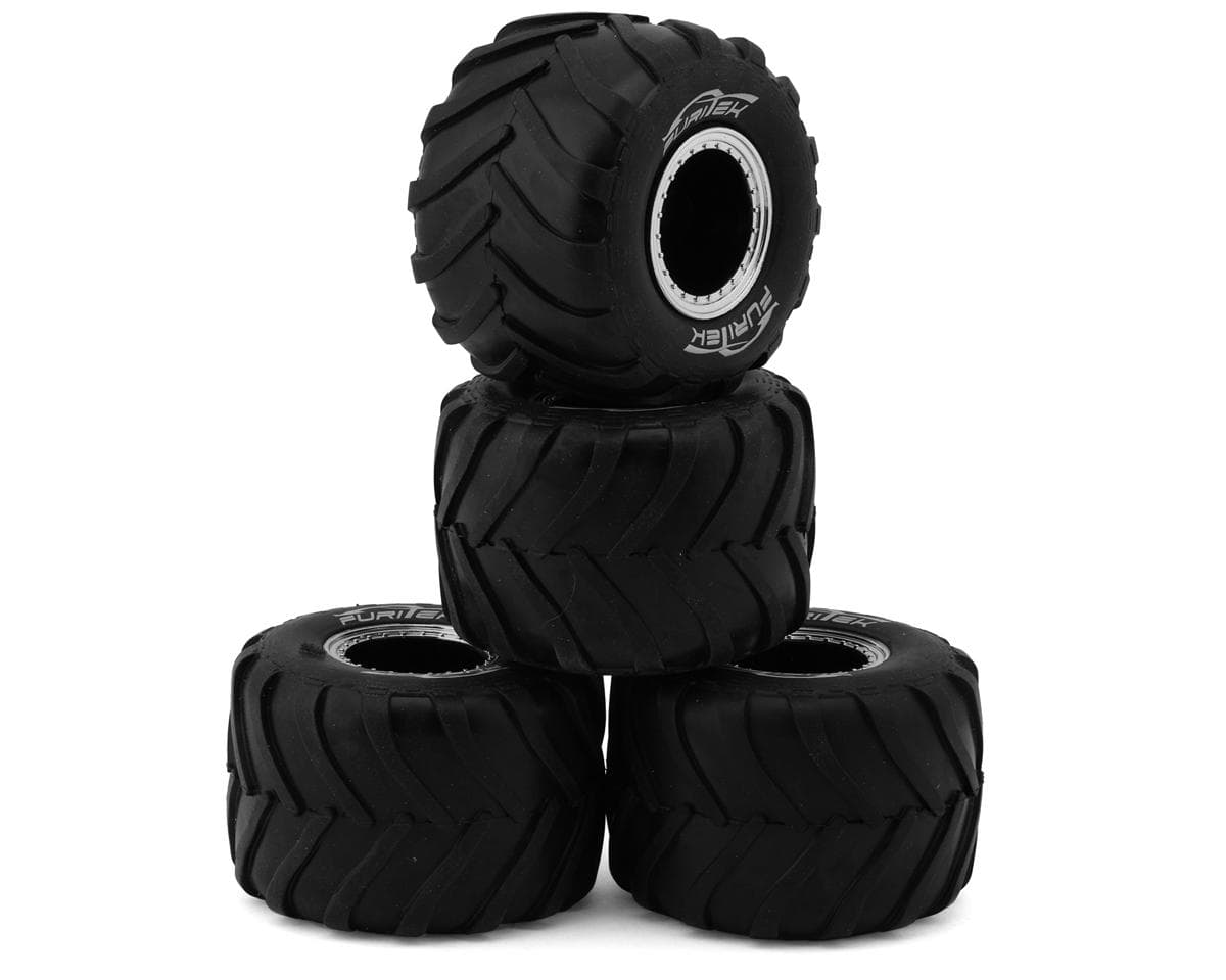 Furitek Micro Monster Truck Tires & Bead-Lock Wheels Set (4) (Chrome) (1/24 & 1/18)
