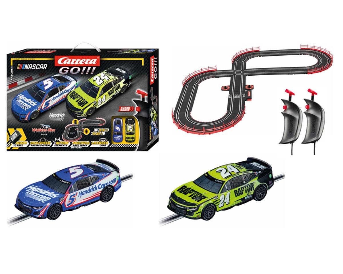 Carrera GO!!! Nascar Watkins Glen Duel Electric 1/43 Slot Car Racing Track Set w/Camaro NextGen ZL1 "Hendrick Motorsports" Cars