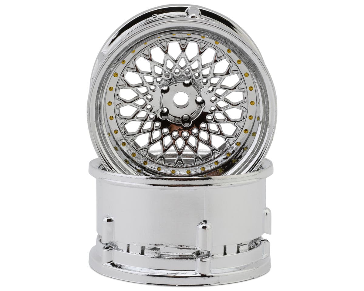 DS Racing Element Mesh 1/10 Drift Wheels (Tri Chrome w/Gold Rivets) (2) (Adjustable Offset) w/12mm Hex