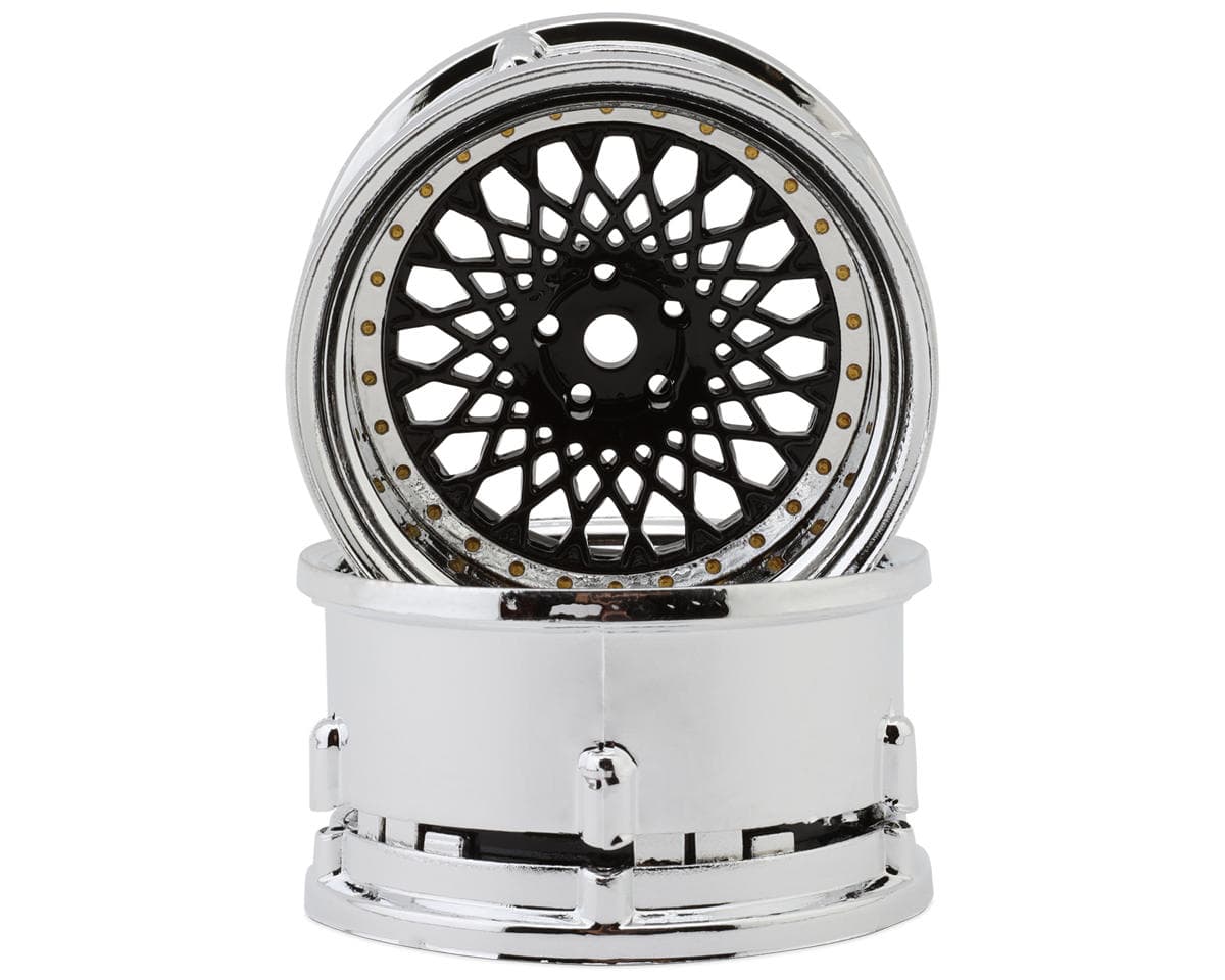 DS Racing Element Mesh 1/10 Drift Wheels (Black w/Chrome Lip & Gold Rivets) (2) (Adjustable Offset) w/12mm Hex