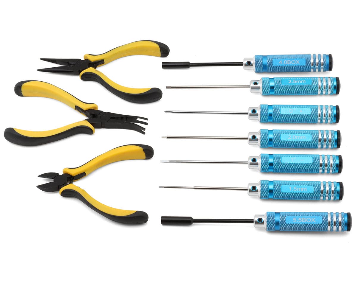 Hobby Details HSS Steel Mixed Tool Set (Blue/Yellow) (10) w/Drivers, Pliers & Carrying Case