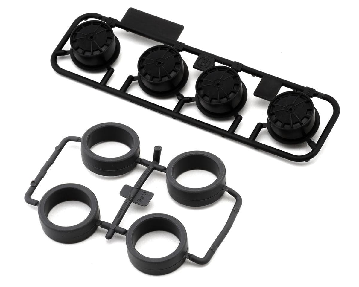 Tamiya JR Mini 4WD 26mm Hard Low Profile Tires (Black) (4) w/Carbon Dish Wheels