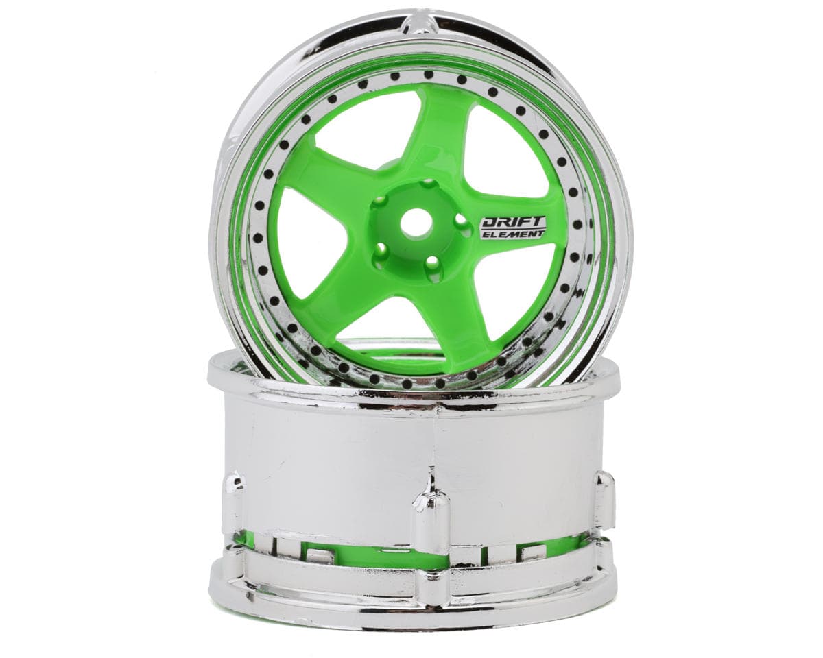 DS Racing Drift Element 5 Spoke Drift Wheels (Flu Green/Chrome Lip/Black Rivet) (2) (Adjustable Offset) w/12mm Hex