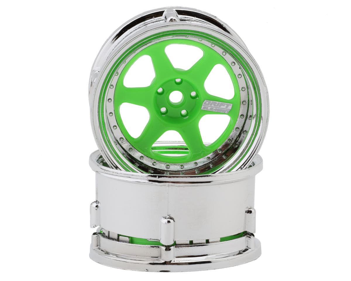 DS Racing Drift Element 6 Spoke Drift Wheels (Flu Green/Chrome Lip & Rivets) (2) (Adjustable Offset) w/12mm Hex