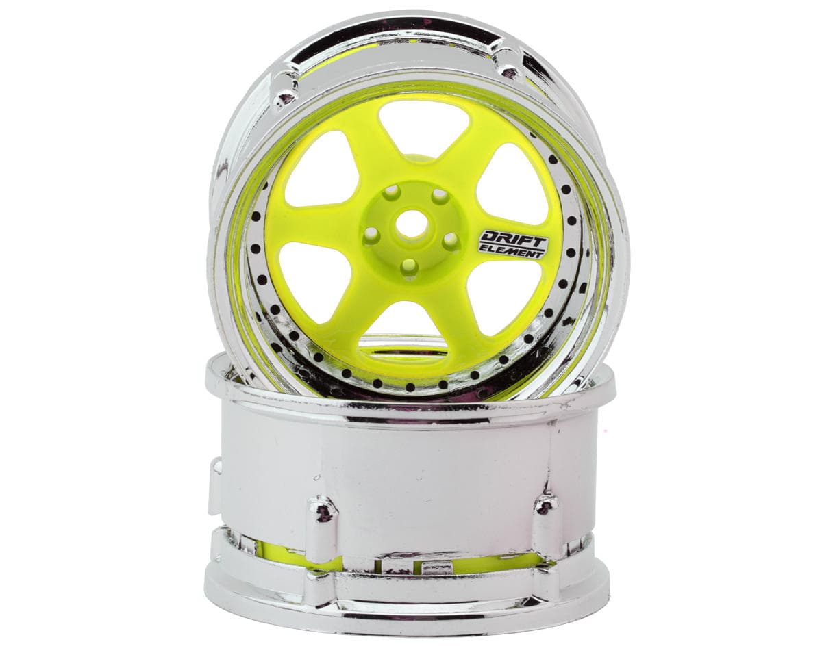 DS Racing Drift Element 6 Spoke Drift Wheels (Flu Yellow/Chrome Lip/Black Rivet) (2) (Adjustable Offset) w/12mm Hex