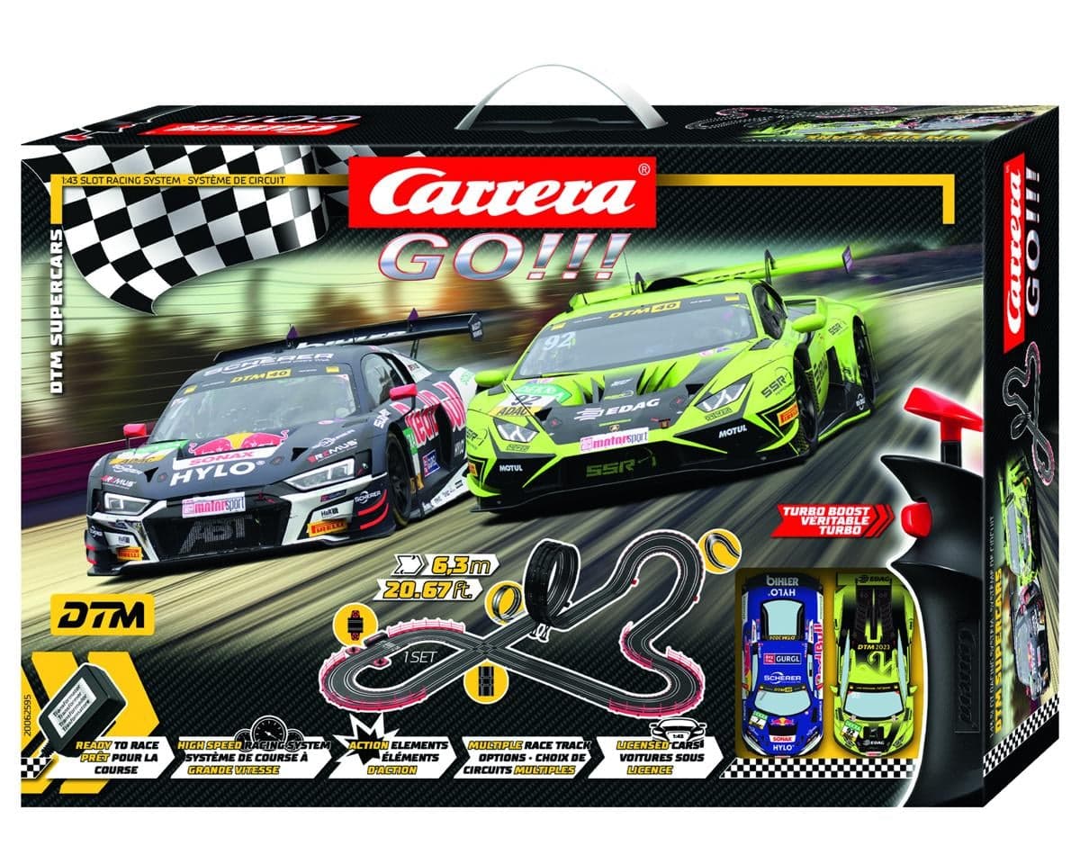 Carrera GO!!! DTM Supercars 1/43 Slot Car Racing Track Set w/Audi R8 LMS GT3 & Lamborghini Huracán GT3 Cars