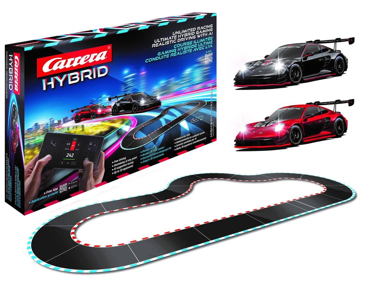 Carrera Hybrid Highway Challenge Slot Car Racing Track Set w/Porsche 911 GT3 R Cars
