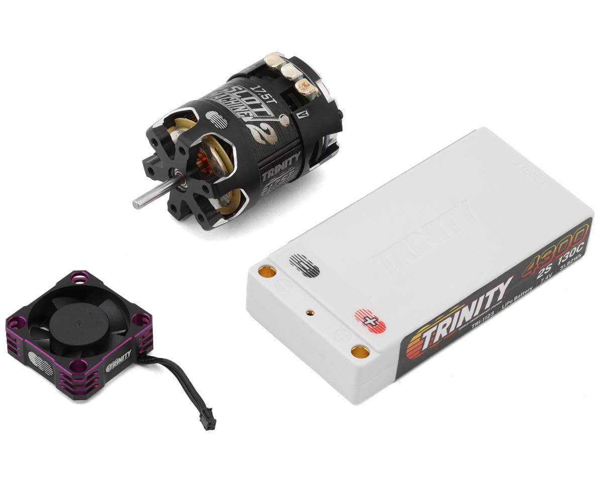 Trinity 2S 130C Shorty LiPo Battery & Slot Machine 2 Spec Brushless Motor Stock Racer Bundle (7.4V/4300mAh) (17.5T) w/30mm Fan