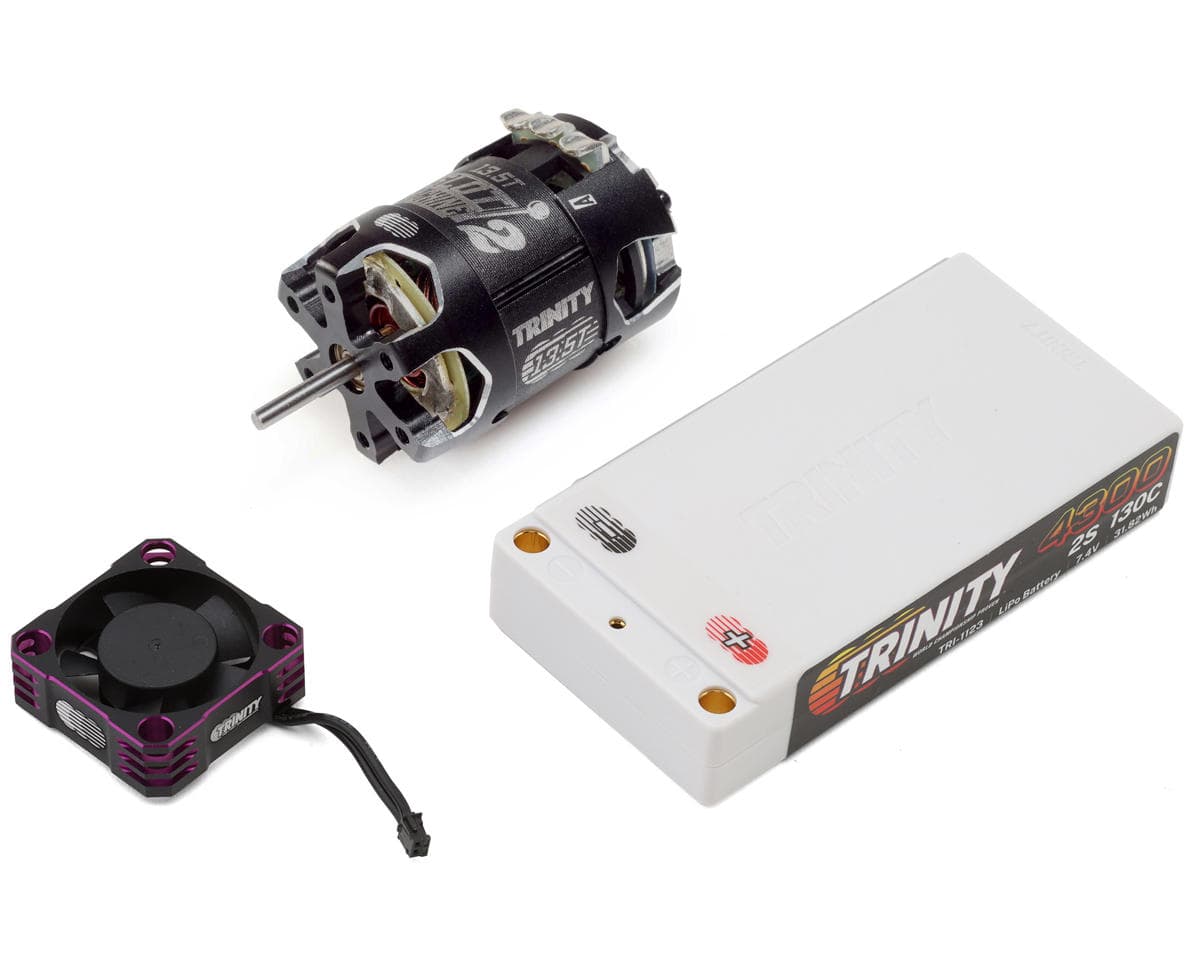 Trinity 2S 130C Shorty LiPo Battery & Slot Machine 2 Spec Brushless Motor Stock Racer Bundle (7.4V/4300mAh) (13.5T) w/30mm Fan