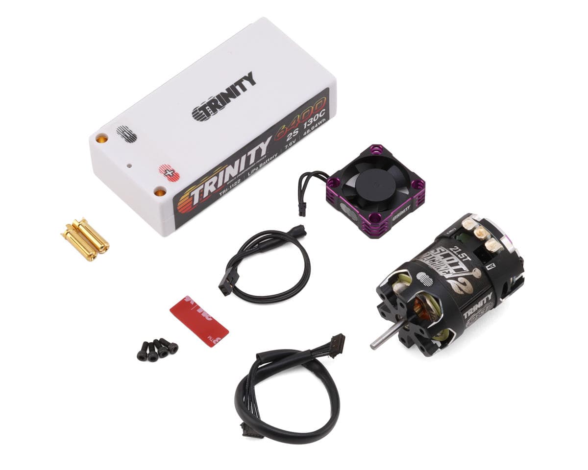 Trinity 2S 130C Shorty LiPo Battery & Slot Machine 2 Spec Brushless Motor Stock Racer Bundle (7.6V/6400mAh) (21.5T) w/30mm Fan