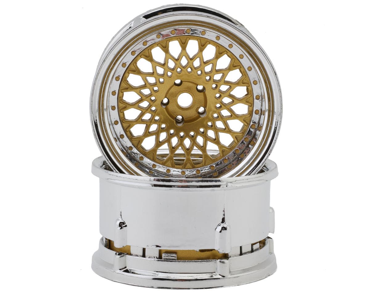 DS Racing Element Mesh 1/10 Drift Wheels (Gold w/Chrome Lip & Gold Rivets) (2) (Adjustable Offset) w/12mm Hex