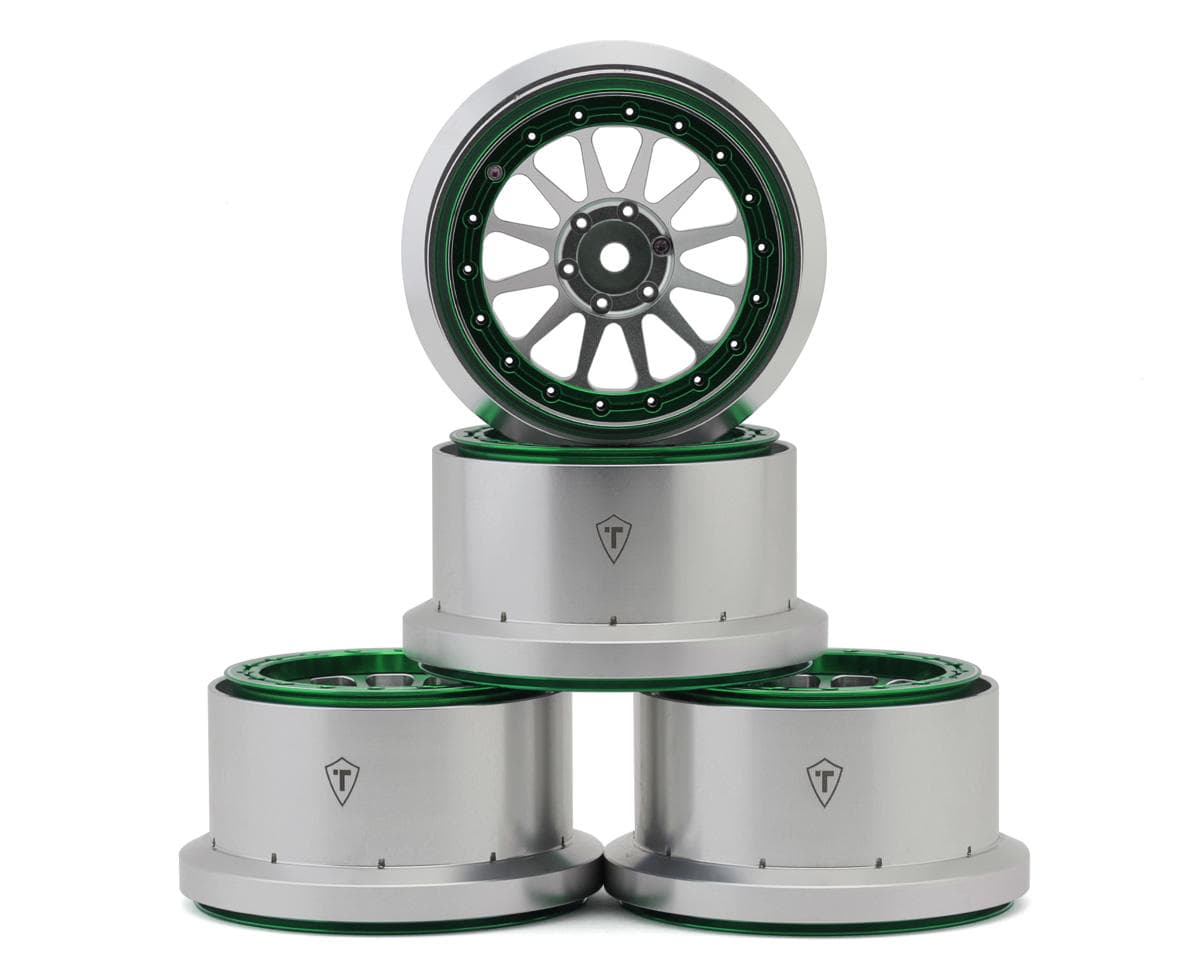 Treal Hobby Aluminum Beadlock Monster Truck Wheels for Traxxas® Mini Maxx® (Silver/Green) (4) w/12mm Hex
