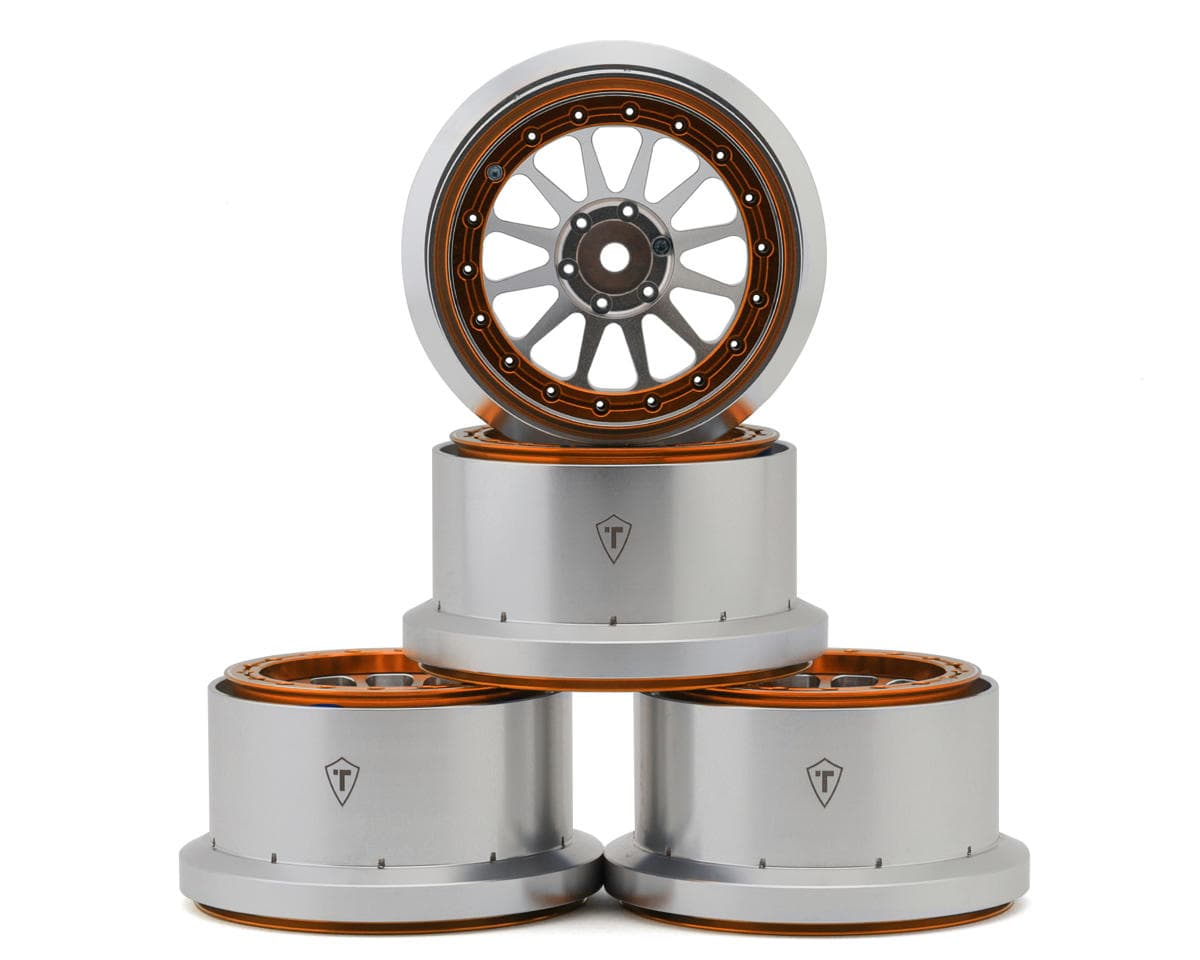 Treal Hobby Aluminum Beadlock Monster Truck Wheels for Traxxas® Mini Maxx® (Silver/Orange) (4) w/12mm Hex