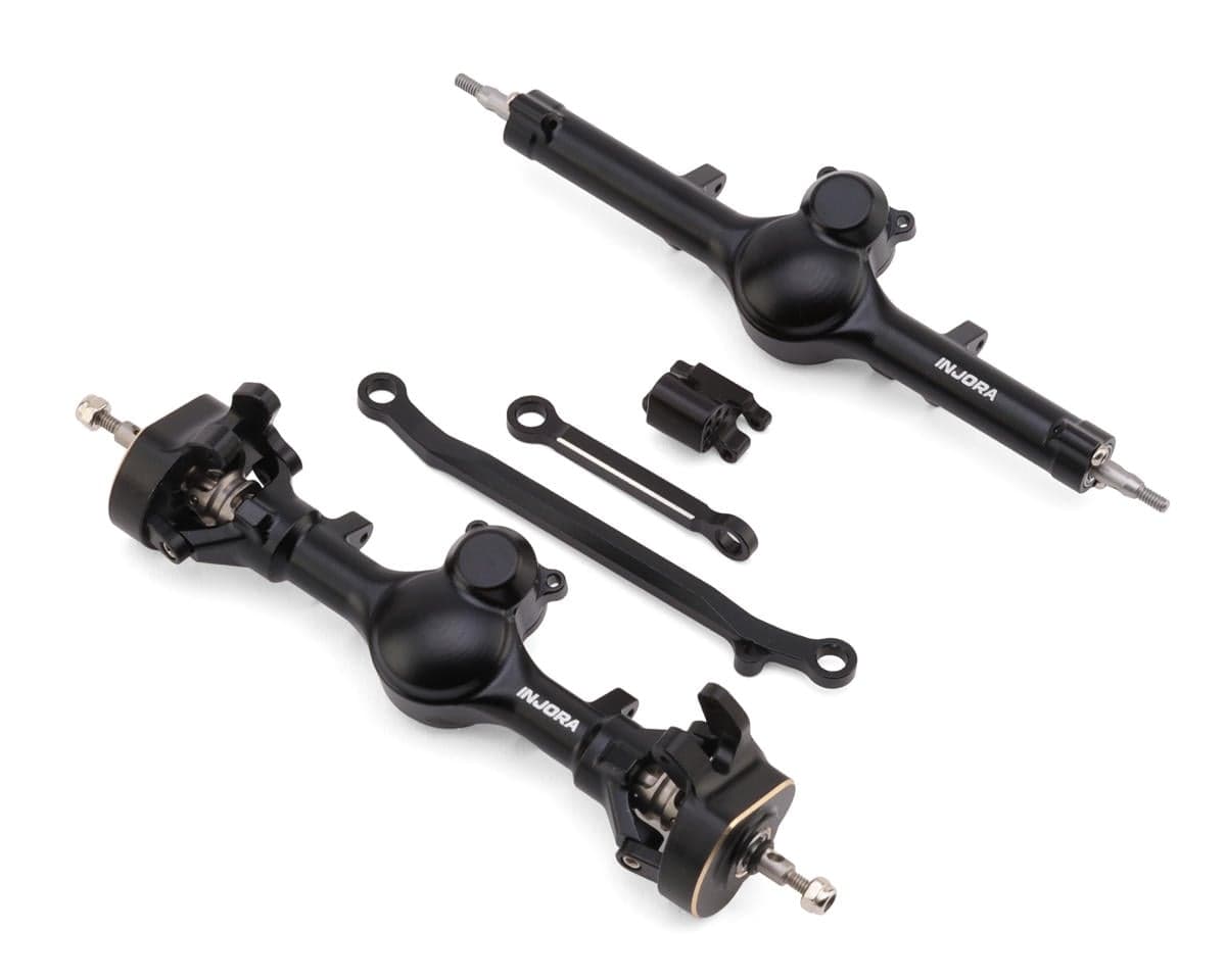 Injora Axial SCX24 +4mm Aluminum Front & Rear Planet Axles (Black) w/Double Joint Driveshafts & Brass Steering Knuckles