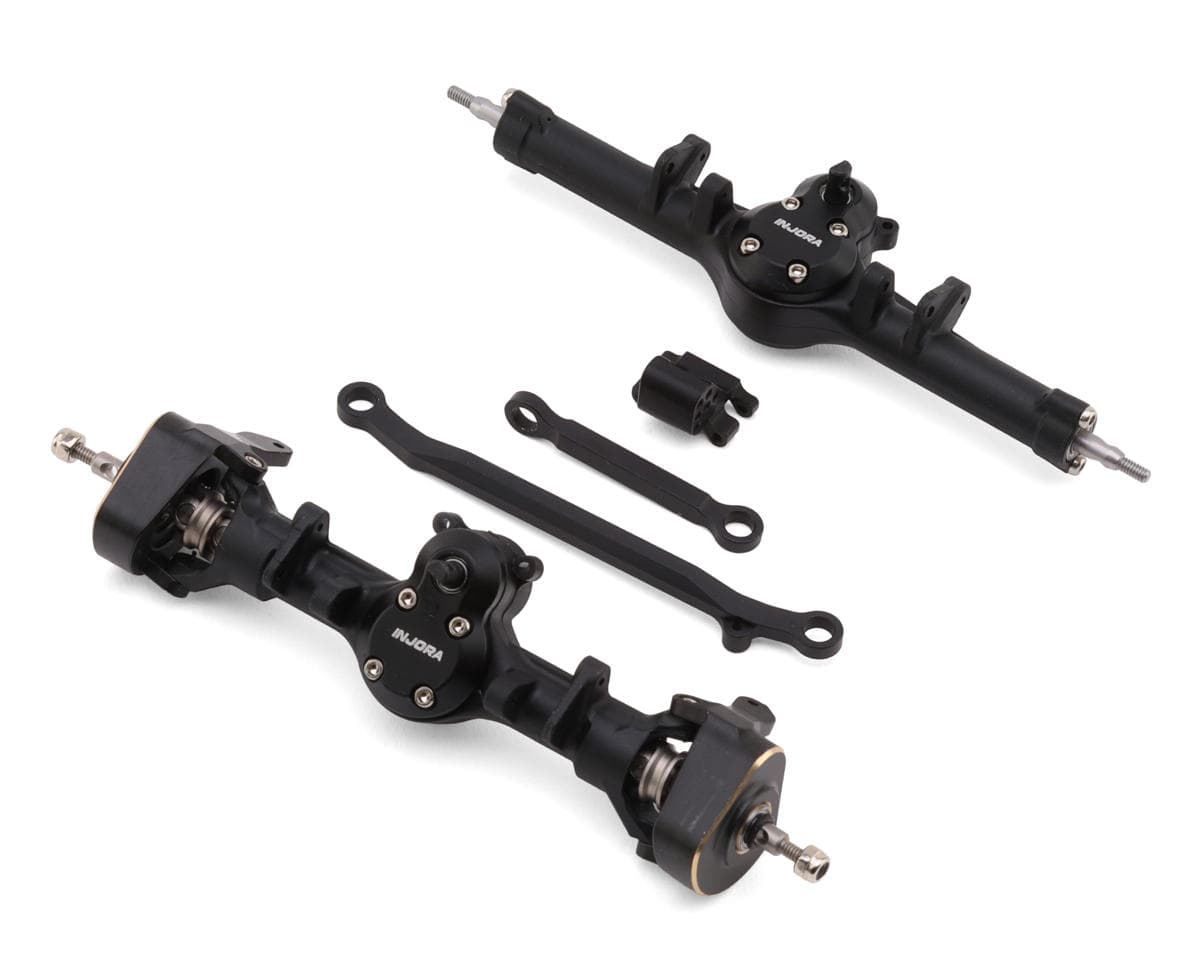 Injora Axial SCX24 +4mm Nylon Front & Rear Planet Axles (Black) w/Double Joint Driveshafts & Brass Steering Knuckles