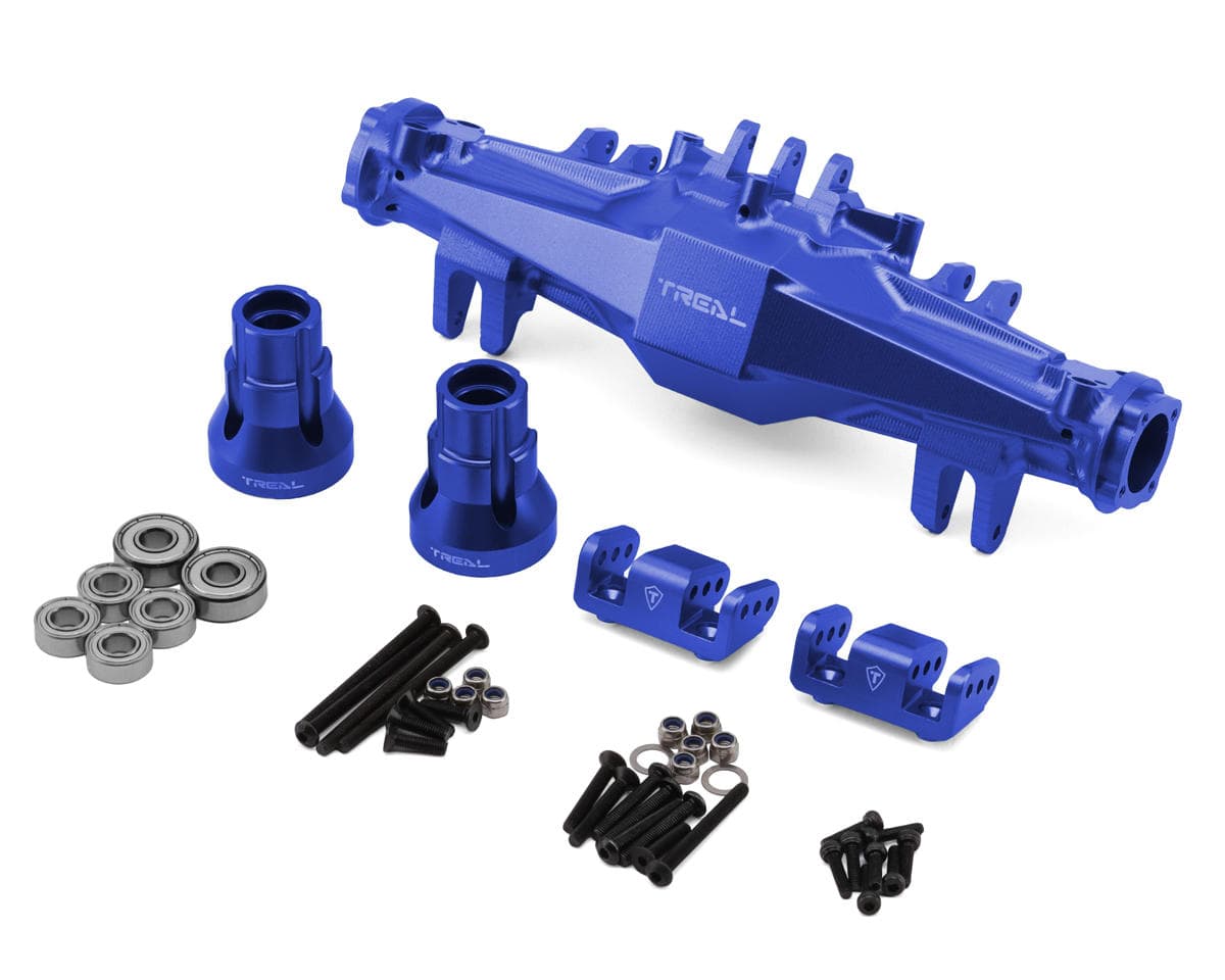 Treal Hobby Losi LMT 2.0 7075 Aluminum Rear Axle Housing Set (Blue) w/Aluminum Rear Hubs & Bottom Shock Mounts