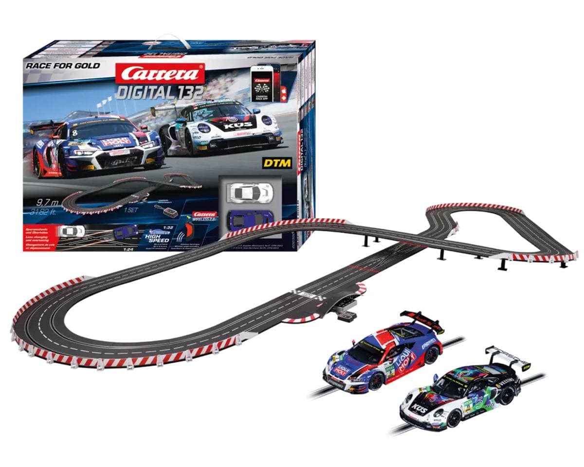 Carrera Digital 132 Race for Gold Slot Car Racing Track Set w/Porsche 911 GT3 R & Audi R8 LMS GT3 Evo II