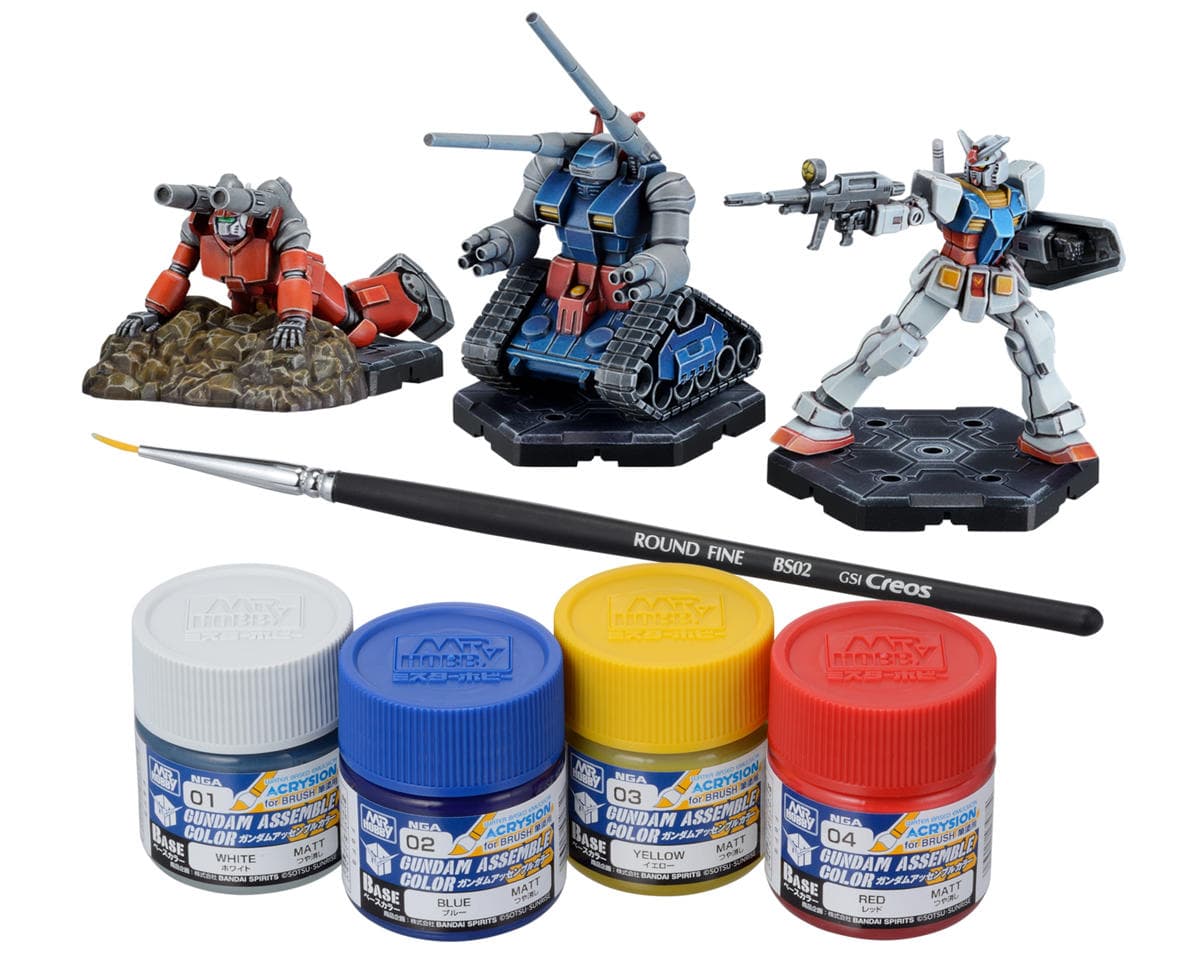 Bandai Tabletop Games Gundam Assemble Color Paint Pack 1 (White/Blue/Yellow/Red) (PA01) w/GSI Creos Mr. Hobby Acrylic Paint & Brush