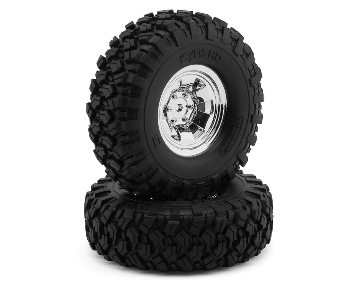 Kyosho KC10 #40 1.9" Pre-Mounted Rock Crawler Tires (Chrome) (4.3" OD) (2) w/6-Spokes Bead-Lock Wheels