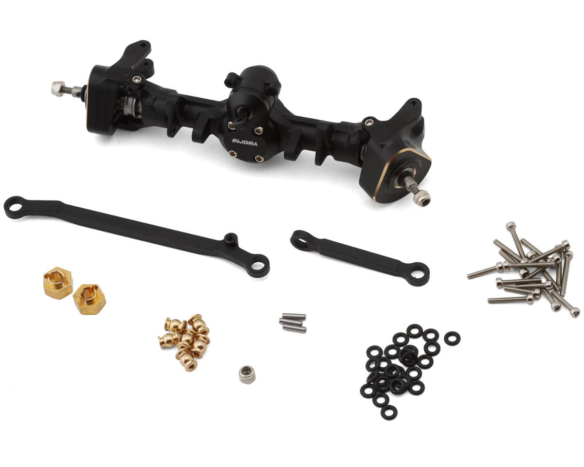 Injora Axial SCX24 +4mm Nylon Front Planet Axle Set (Black) w/Double Joint Driveshafts & Brass Steering Knuckles