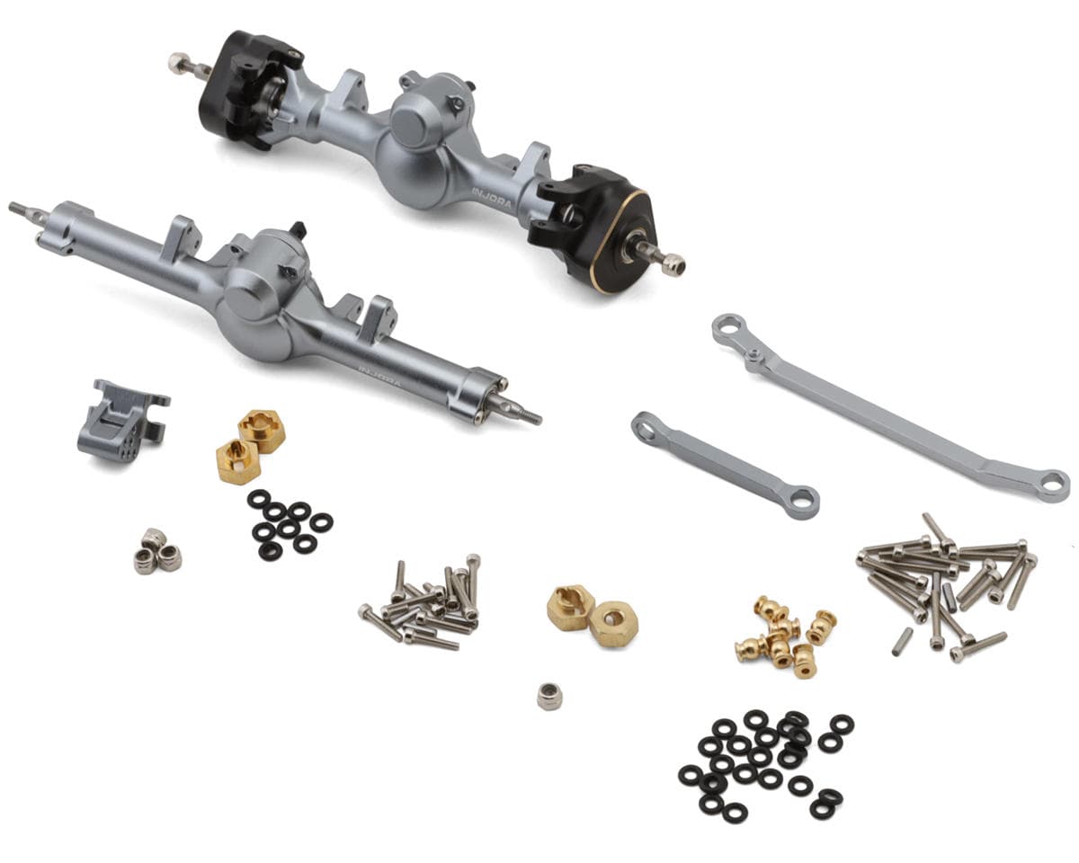 Injora Axial SCX24 +4mm Aluminum Front & Rear Planet Axles (Titanium) w/Double Joint Driveshafts & Brass Steering Knuckles