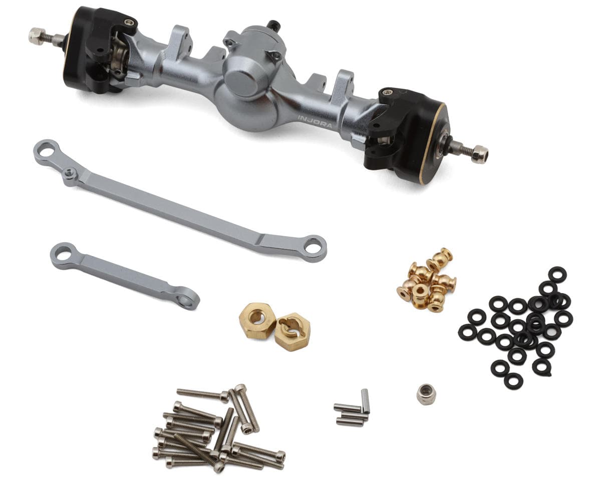 Injora Axial SCX24 +4mm Aluminum Front Planet Axle Set (Titanium) w/Double Joint Driveshafts & Brass Steering Knuckles