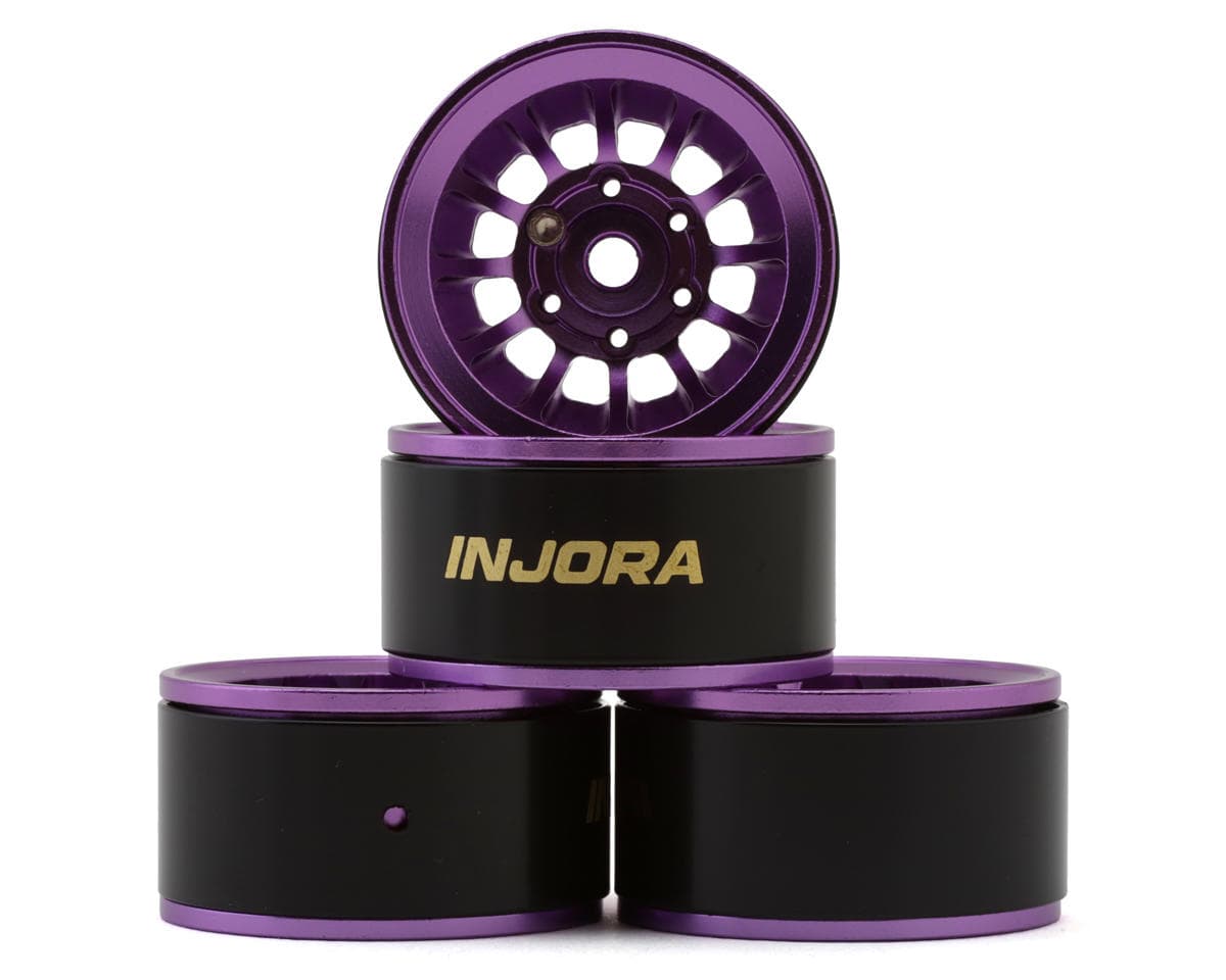 Injora 1.0" Turbine Aluminum Deep Dish Micro Crawler Beadlock Wheels (Purple) (4) w/Brass Rings (20.3g ea) (-4.7mm Offset)