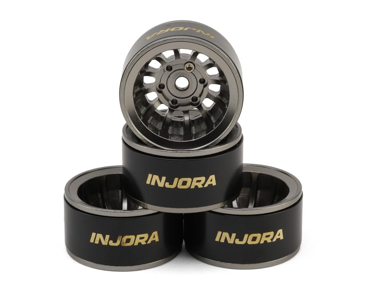 Injora 1.0" Turbine Aluminum Deep Dish Micro Crawler Beadlock Wheels (Titanium) (4) w/Brass Rings (20.3g ea) (-4.7mm Offset)