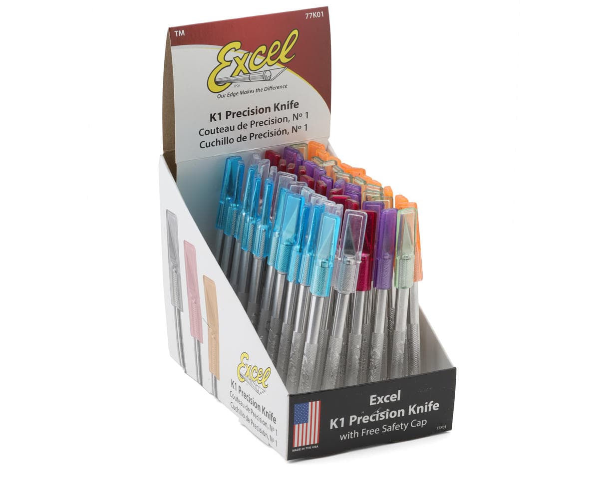 Excel K1 Light Duty Aluminum Hobby Knife Display Set (60) w/#11 Blades & Safety Caps