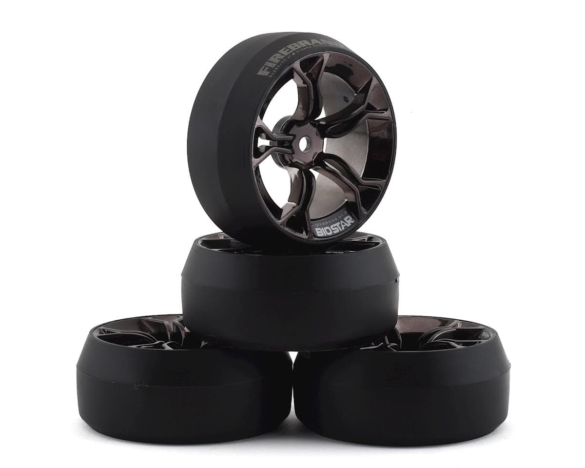 Firebrand RC Biostar XD3 0° Pre-Mounted Drift Tires (4) (Smoke Chrome) w/Blades Tires, 12mm Hex & 3mm Offset
