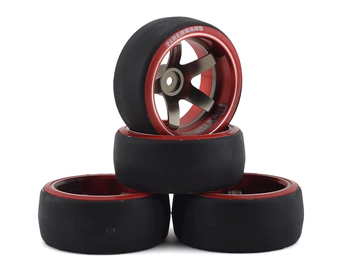 Firebrand RC Aluminum High-Five D2M12 Pre-Mounted Drift Tires (Red/Gun Metal) (4) w/12mm Hex (12mm Offset)