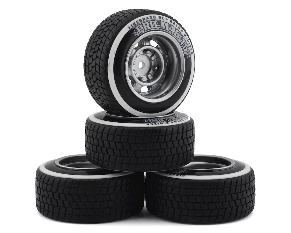 Firebrand RC Promag 15-D2T Pre-Mounted Drift Tires (4) (Silver) w/D2T Tires, 12mm Hex & 6mm Offset