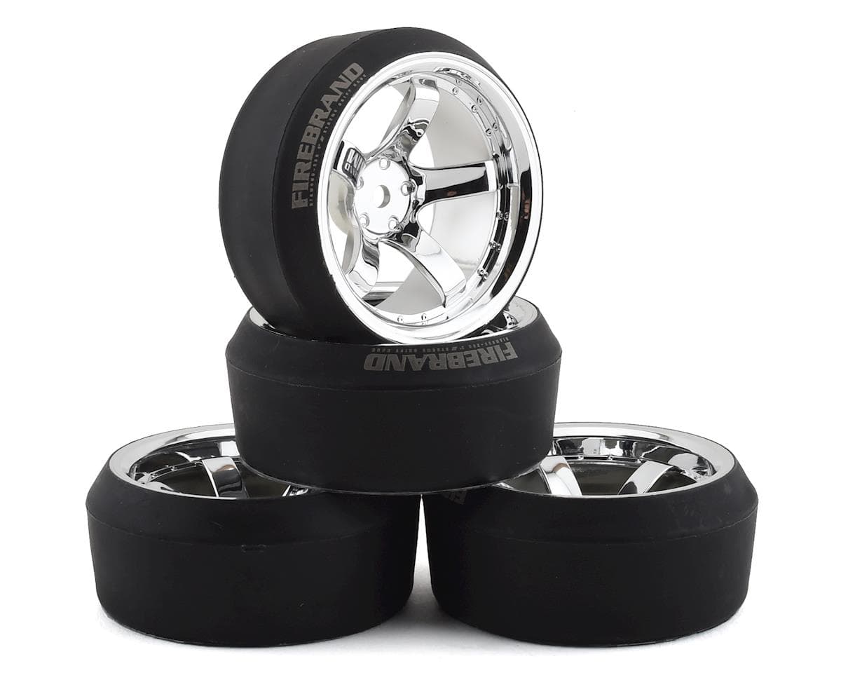 Firebrand RC Highfive XDR9 5° Pre-Mounted Slick Drift Tires (4) (Chrome) w/Diamond Tires, 12mm Hex & 9mm Offset