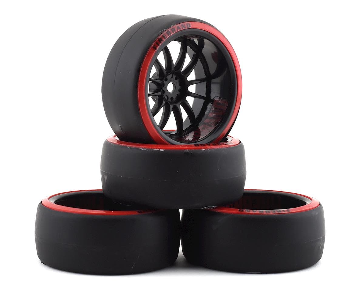 Firebrand RC Char D29R Pre-Mounted 2-Piece Slick Drift Tires (4) (Black/Red) w/D2 Tires, 12mm Hex & 9mm Offset