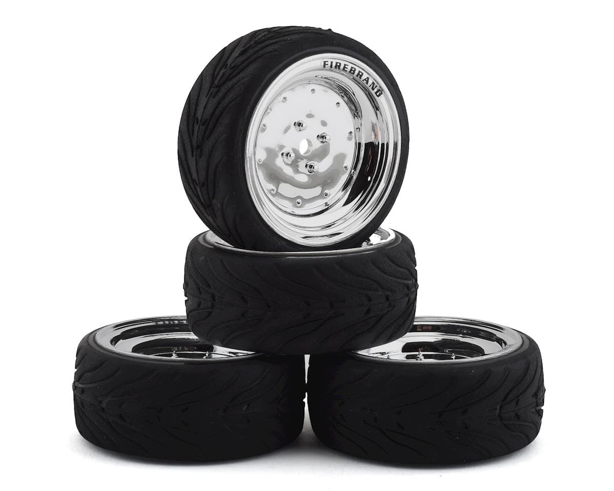 Firebrand RC Retrodrag RT3 Pre-Mounted On-Road Tires (4) (Chrome) w/Fang Tires, 12mm Hex & 3mm Offset