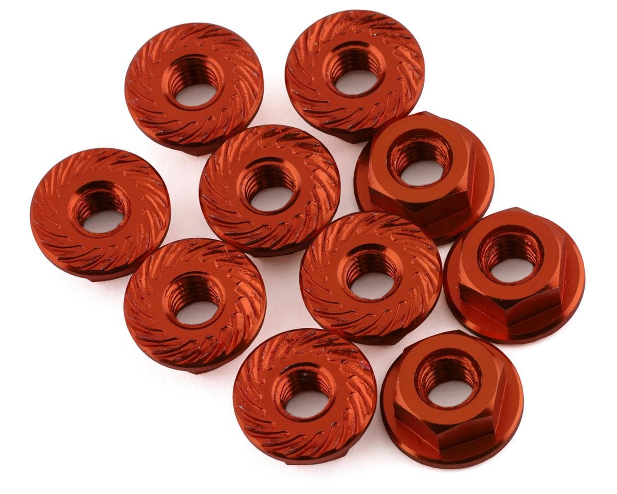 XRAY 4mm Aluminum Flanged Serrated Nuts (Orange) (10)