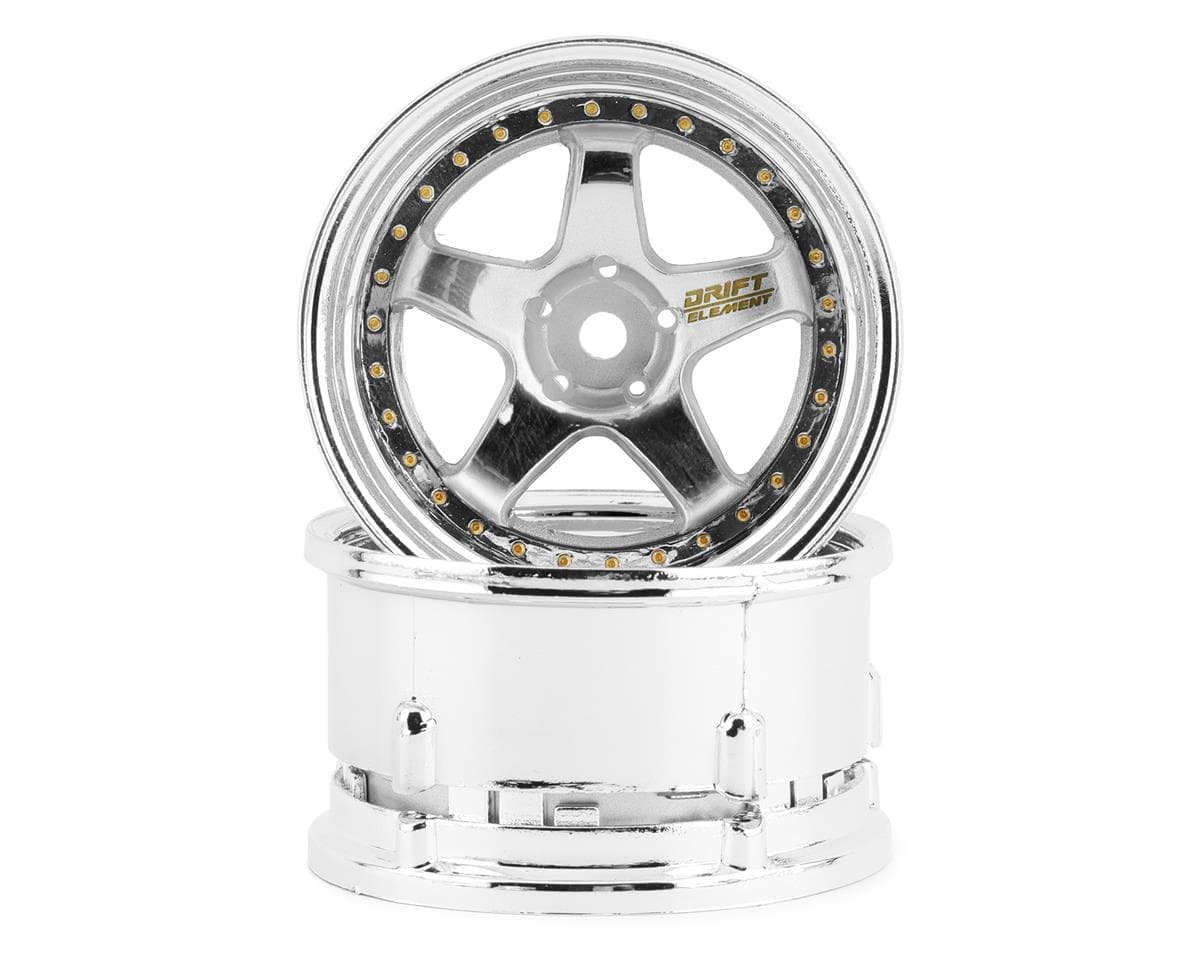DS Racing Drift Element 5 Spoke Drift Wheels (Triple Chrome w/Gold Rivets) (2) (Adjustable Offset) w/12mm Hex