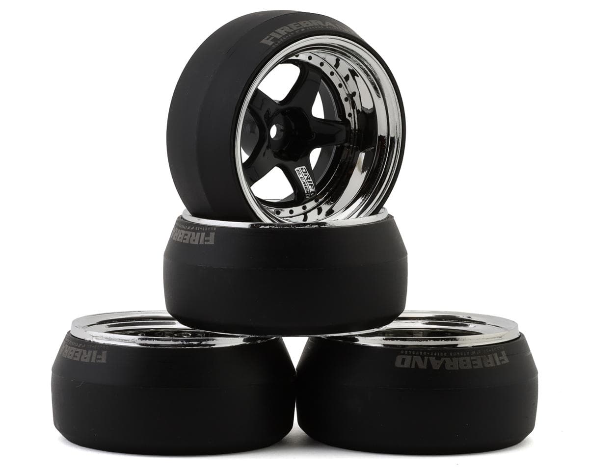 Firebrand RC Element-DSR 1/10 Drift Wheel Kit w/HDPE Tires (Black/Chrome) (4) (5 Degree) w/12mm Hex