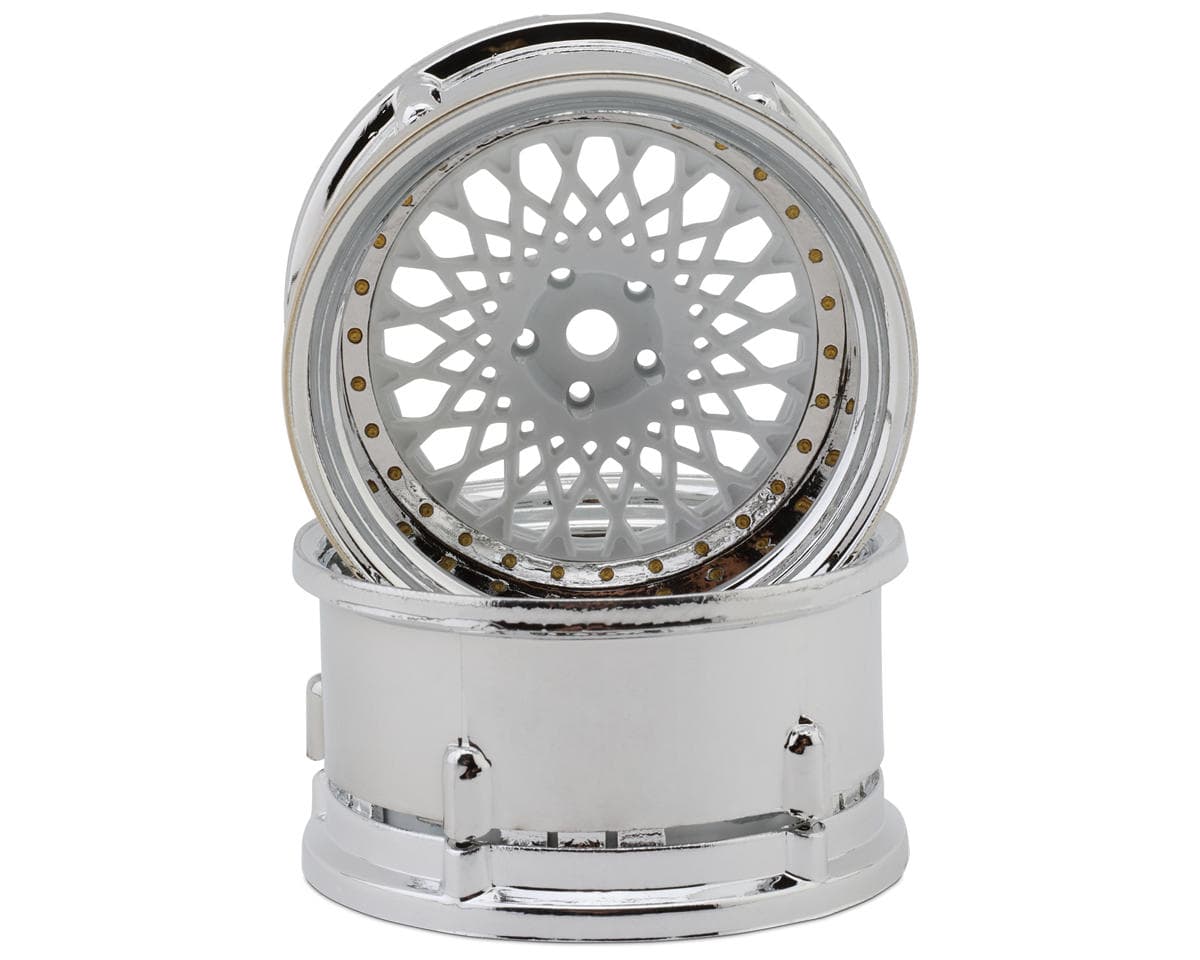 DS Racing Element Mesh 1/10 Drift Wheels (White w/Chrome Lip & Gold Rivets) (2) (Adjustable Offset) w/12mm Hex