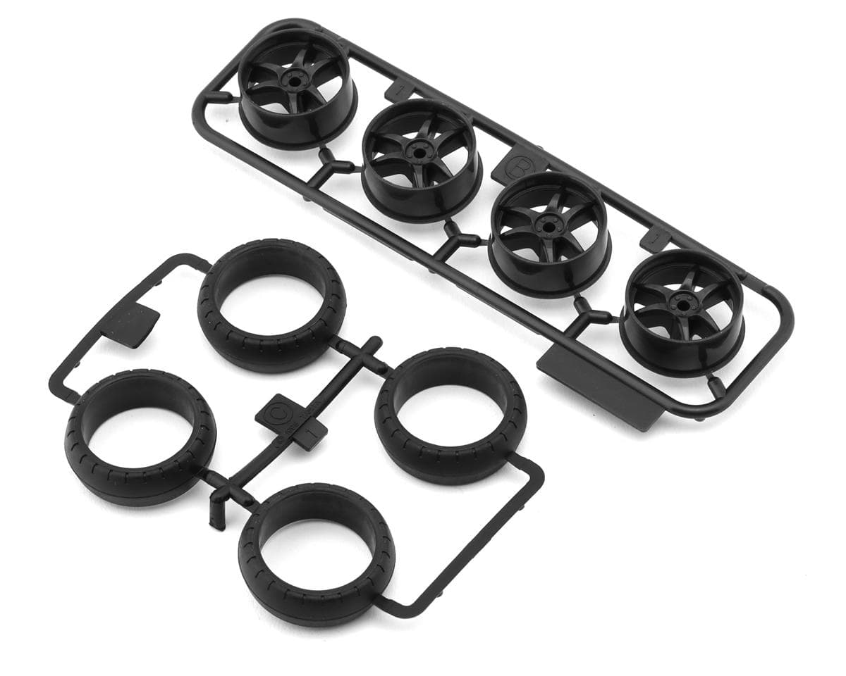 Tamiya Large Diameter Low Friction Arched Tires (4) (31mm) w/Carbon V-spoke Wheels
