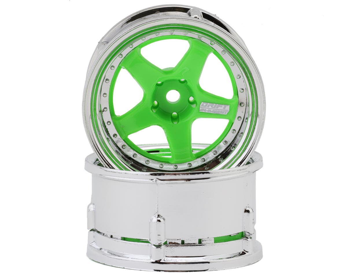 DS Racing Drift Element 5 Spoke Drift Wheels (Flu Green/Chrome Lip & Rivets) (2) (Adjustable Offset) w/12mm Hex