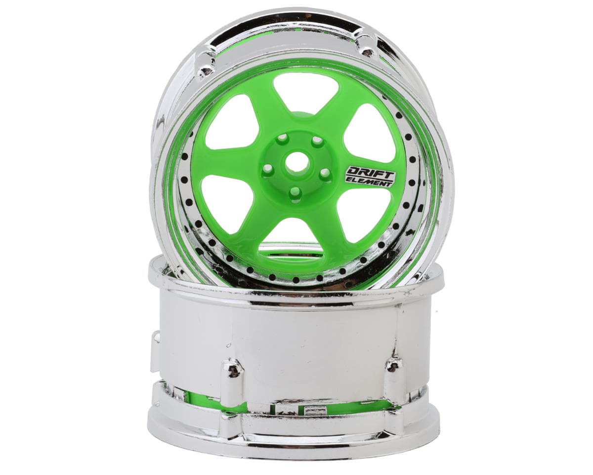DS Racing Drift Element 6 Spoke Drift Wheels (Flu Green/Chrome Lip/Black Rivet) (2) (Adjustable Offset) w/12mm Hex