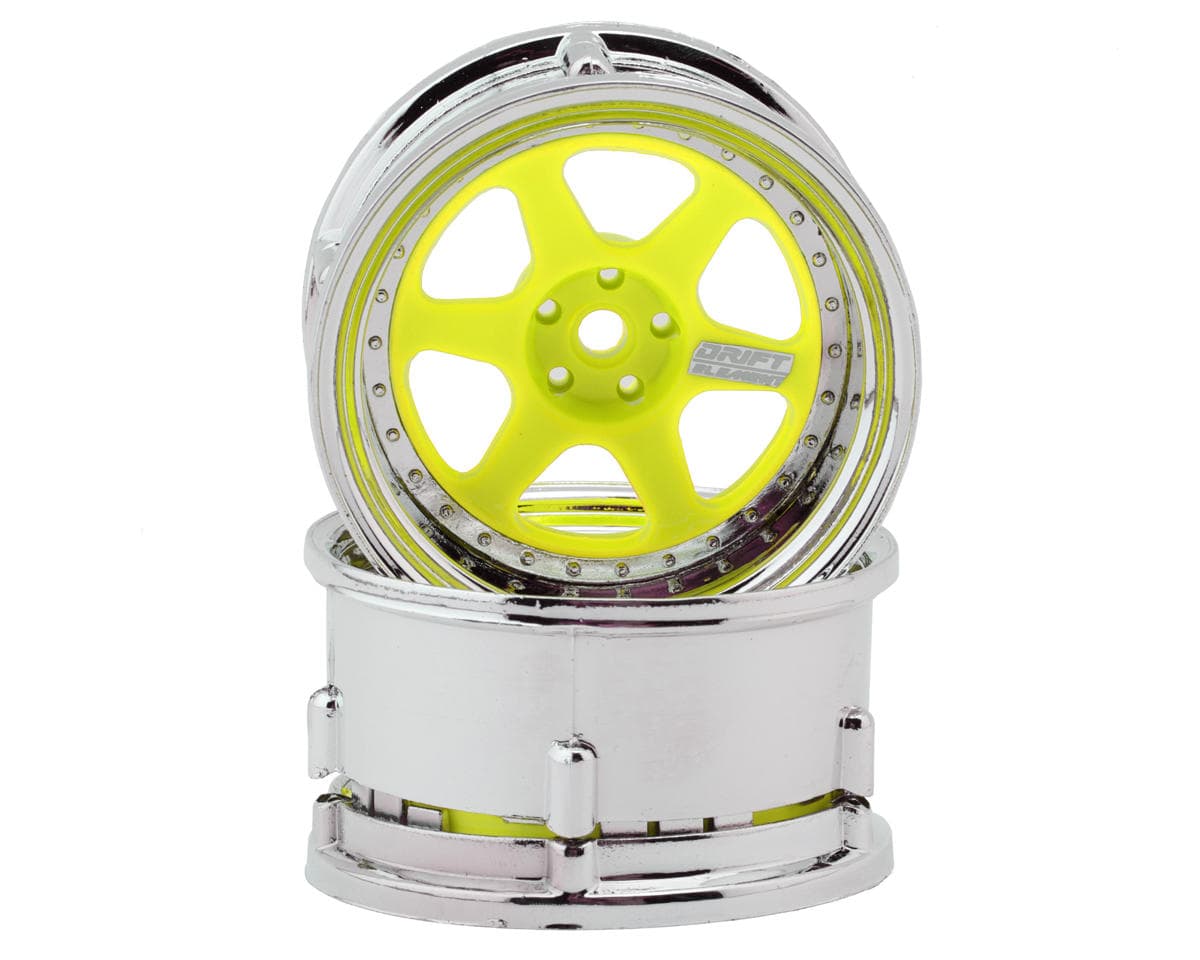 DS Racing Drift Element 6 Spoke Drift Wheels (Flu Yellow/Chrome Lip & Rivets) (2) (Adjustable Offset) w/12mm Hex