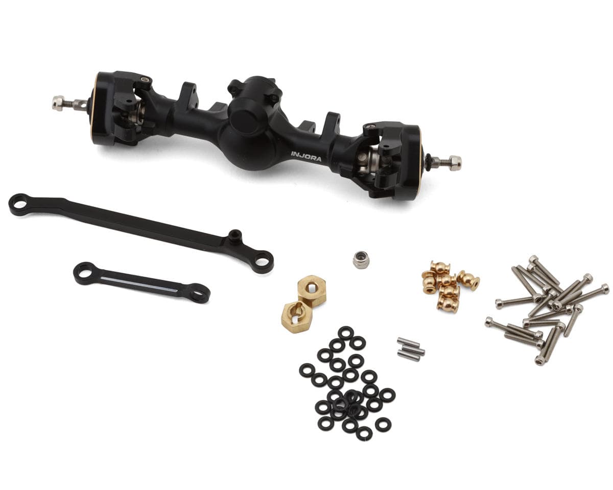 Injora Axial SCX24 +4mm Aluminum Front Planet Axle Set (Black) w/Double Joint Driveshafts & Brass Steering Knuckles