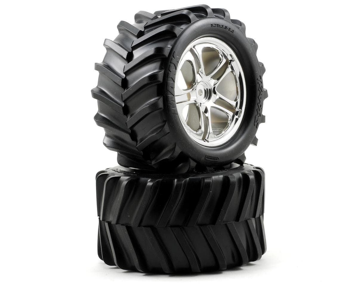 Traxxas Pre-Mounted T-Maxx Tires w/SS Split Spoke Wheels (2) (Chrome)