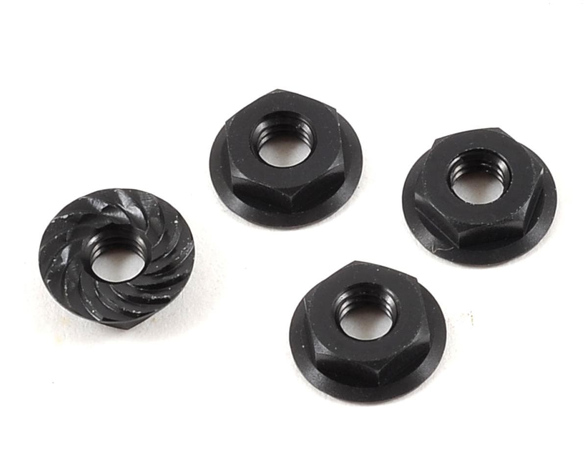 Team Losi Racing 4mm Low Profile Aluminum Serrated Locknut Set (4) (Black)